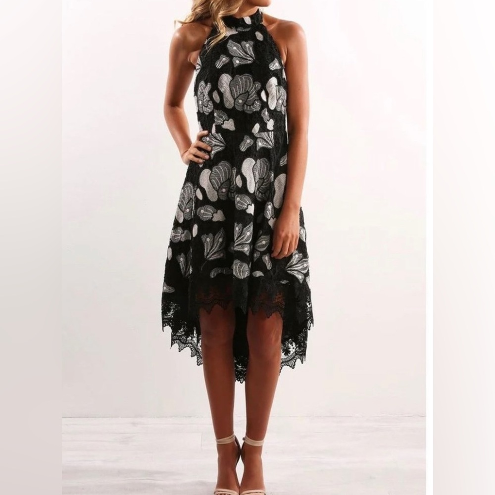 La Maison TALULAH black and white lace halter cocktail dress